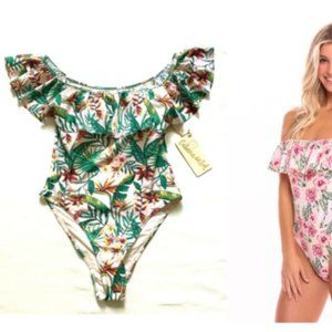 CABANA DEL SOL One Piece Off Shoulder Swimsuit Pink Tropical Bodysuit SMALL 4 6
